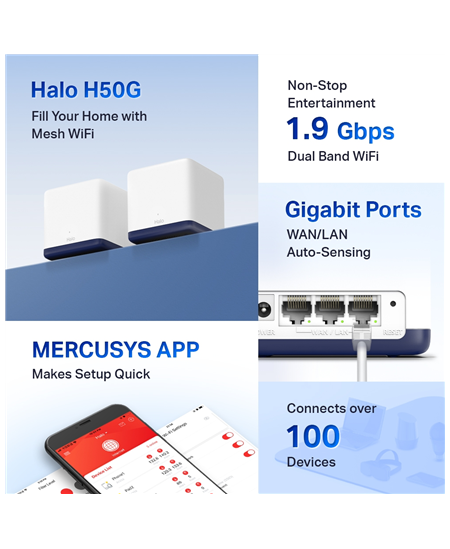 Mercusys | AC1900 Whole Home Mesh Wi-Fi System | Halo H50G (2-Pack) | 802.11ac | 600+1300 Mbit/s | Mesh Support Yes | MU-MiMO Ye