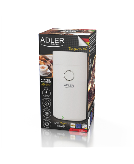 Adler Coffee Mill AD 4446ws 150 W, Coffee beans capacity 75 g, White