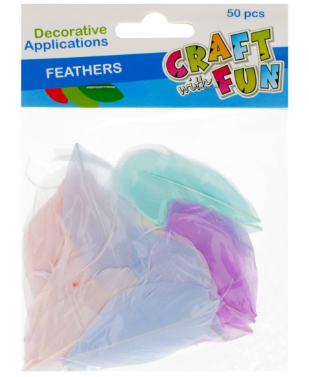 Dekoratyvinės plunksnos CRAFT WITH FUN, pastelinių spalvų, 4–5 cm, 50 vnt.