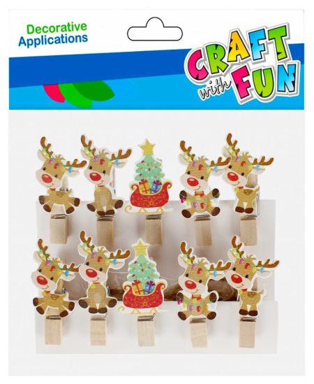 Kalėdiniai mediniai spaustukai CRAFT WITH FUN Elnias, 10 vnt.