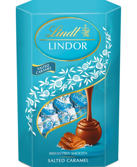 LINDT LINDOR pieninio šokolado rutuliukai su sūdyta karamelė, 200g