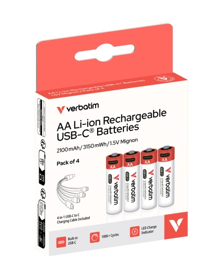 Verbatim 30249 USB-C Įkraunamos baterijos Li-ion AA 2100mAh (4 vnt pakuotėje)