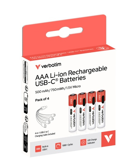 Verbatim 30250 USB-C Įkraunamos baterijos Li-ion AAA 500mAh (4 vnt pakuotėje)