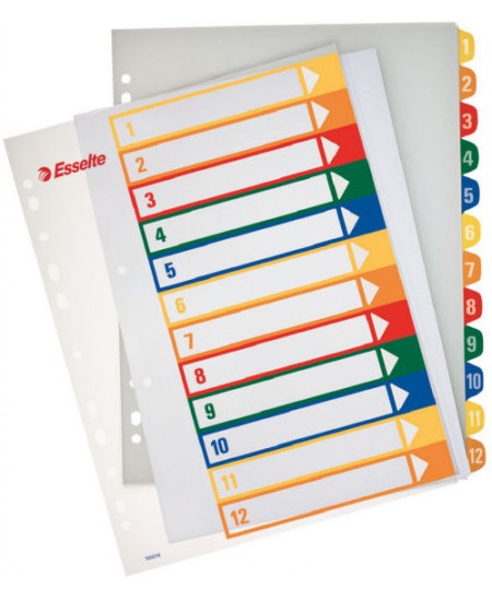 Skiriamieji plastikiniai lapai ESSELTE, 1-12, spalvoti, spausdinami, A4+