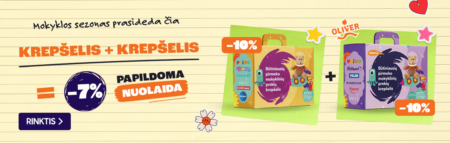 Perkantiems 2 mokyklinių prekių krep&scaron;elius - papildoma 7% nuolaida